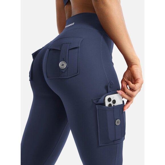 Women's Navy High Waisted Workout Flare Leggings 32 inch Seam with Pockets - Picture 2 of 6